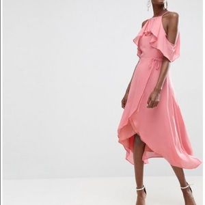 Pink Asos Midi Dress with Flutter Sleeves Cold Shoulder